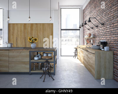 Il design moderno lussuosa cucina interna. Il rendering 3D Foto Stock