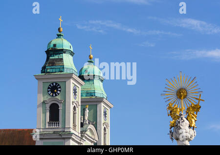 Linz: Duomo Vecchio e la Colonna della Santa Trinità, Austria, Oberösterreich, Austria superiore, Zentralraum Foto Stock