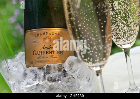 Close-up su appena spillata bicchieri di Andre Carpentier Champagne con bottiglia Iced Wine Cooler dietro sulla terrazza all'aperto nella tabella Foto Stock