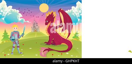 Cartoon cavaliere con drago. Un castello in background. Illustrazione Vettoriale