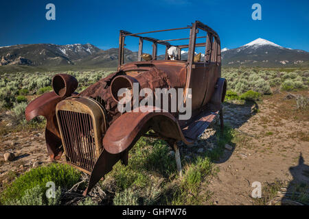 Abbandonato rovello di automobile arrugginito, cranio di mucca all'interno, nella valle di Snake, vicino al parco nazionale di Great Basin e alla città di Baker, Nevada, Stati Uniti Foto Stock