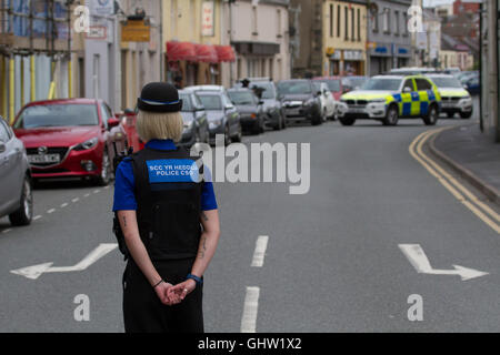 La polizia del sostegno comunitario (CSO) continua a guardare a un incidente in una strada Foto Stock