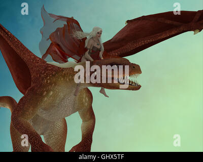 Una bella fata cavalca un feroce drago rosso per una nuova destinazione nella foresta magica. Foto Stock