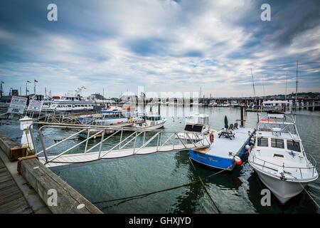 Barche ormeggiate presso il molo di MacMillan, in a Provincetown, Cape Cod, Massachusetts. Foto Stock