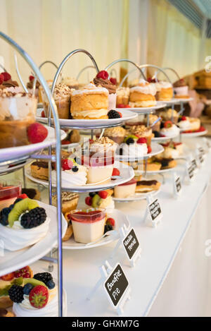 Vista verticale di torte e pasticcini disposti sulla torta si trova di fronte a una sala da tè. Foto Stock