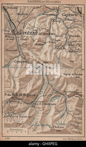 BAGNÈRES-de-Bigorre e PIC DU MIDI. Adour valley. Hautes-Pyrénées, 1907 mappa vecchia Foto Stock