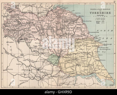 YORKSHIRE del nord e est circoscrizioni: County map. Ferrovie circoscrizioni. PHILIP 1882 Foto Stock