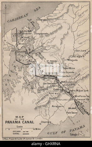 Canale di Panama. Vintage map. Ferrovia. Mostra zona del canale. Caraibi, 1914 Foto Stock