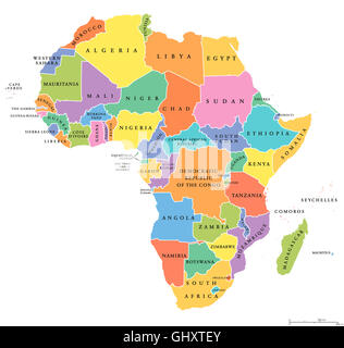 Africa singoli membri mappa politico. Ogni paese con la propria area di colore. Con i confini nazionali su sfondo bianco. Foto Stock