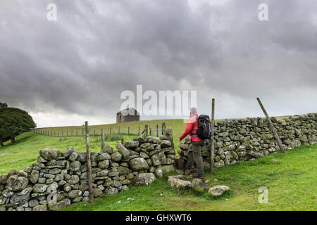 Walker sul percorso tra la bassa forza e Holwick con tradizionale Fienile in background Teesdale superiore, County Durham, Regno Unito Foto Stock