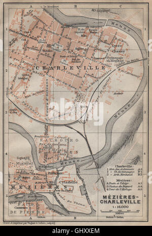 CHARLEVILLE-MÉZIÈRES antique town city plan de la ville. Francia carte, 1909 Mappa Foto Stock