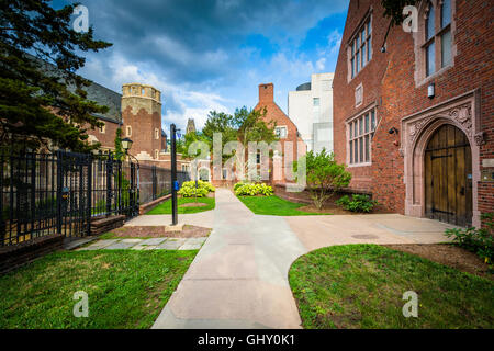 La passerella e agli edifici presso la Yale University a New Haven, Connecticut. Foto Stock