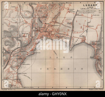 LUGANO città antica città stadtplan. La Svizzera carte karte. BAEDEKER, 1895 Mappa Foto Stock