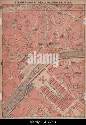 CHAMP DE MARS TROCADÉRO Champs Élysées town city plan. Paris 7e 8e 16e, 1900 Mappa Foto Stock