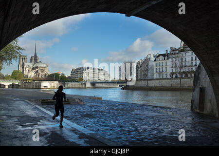 Esecuzione del pareggiatore sotto il Pont de la Tournelle sulla riva sinistra del fiume Senna, Parigi, Francia Foto Stock
