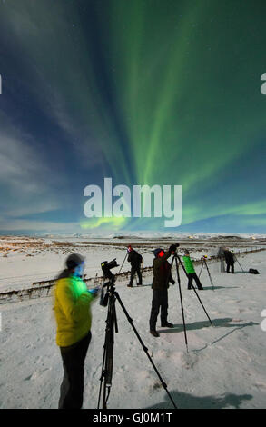 Il workshop di ripresa di gruppo le luci del nord (Aurora Boreale) oltre Hornafjörður, Islanda Orientale Foto Stock