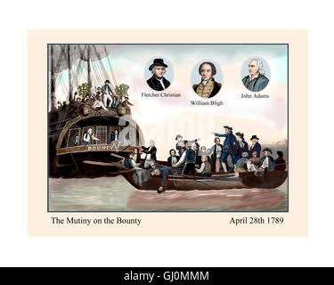 L'ammutinamento del Bounty 28 aprile 1789, illustrazione da un XIX secolo stampare affilata, re-set, ri-colorato con 3 aggiunto ritratti Foto Stock