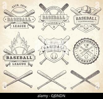 Raccolta di illustrazioni vettoriali della squadra di baseball e la concorrenza di loghi e insignias, in grunge stile vintage. Illustrazione Vettoriale