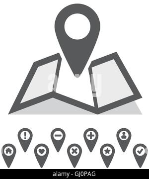 Una bella mappa piegata icona con marcatore sulla parte superiore, con icona altro marker marcatore incluso. Illustrazione Vettoriale