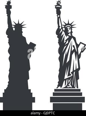 Doppia silhouette della famosa statua della libertà nella città di New York Illustrazione Vettoriale