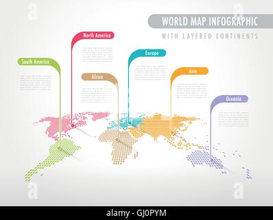 Prospettiva Pixel Mappa del Mondo con etichette puntando ogni continente Illustrazione Vettoriale