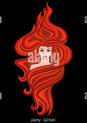 Abstract testa femmina con straordinaria acconciatura di rosso infuocato dei capelli ondulati isolati su sfondo nero, illustrazione vettoriale Illustrazione Vettoriale
