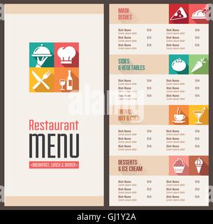 Un ristorante moderno modello menu con belle icone nel piatto shadow style Illustrazione Vettoriale
