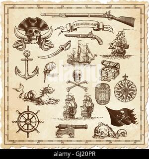 Una collezione di molto elevato dettaglio ornamenti progettato per illustrare vintage o "tesoro" mappe o altri disegni relativi al vintage Illustrazione Vettoriale