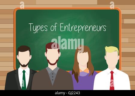 I tipi di concetto imprenditori illustrazione con scheda verde come sfondo e imprenditore allineando sulla parte anteriore Illustrazione Vettoriale