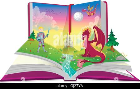 Libro di favole con cavaliere e dragon illustrazione Illustrazione Vettoriale