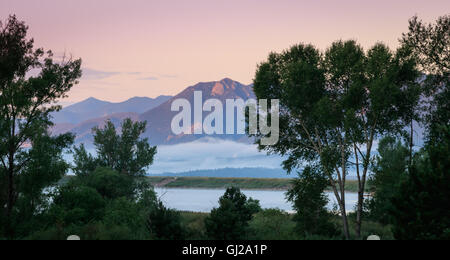 Pike Peak visto dalla mattina presto luce con nebbia. Foto Stock