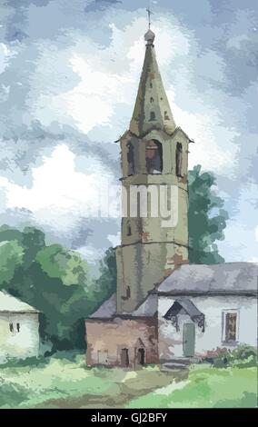 Torre campanaria in Russia, acquerello Illustrazione Vettoriale