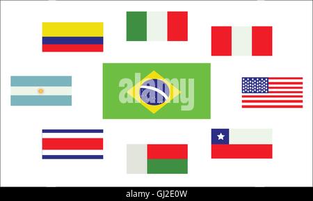 Set di bandiere nazionali, Brasile, Argentina, Italia, Perú, USA, Cile, Costa Rica, Colombia e Madagascar. Digital immagine vettoriale Illustrazione Vettoriale