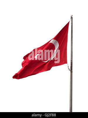 Bandiera turca sul pennone sventolando nella giornata di vento. Isolato su sfondo bianco. Foto Stock