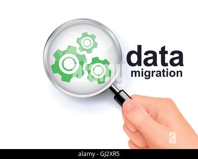 3D immagine della lente di ingrandimento sopra l'icona degli ingranaggi Illustrazione Vettoriale