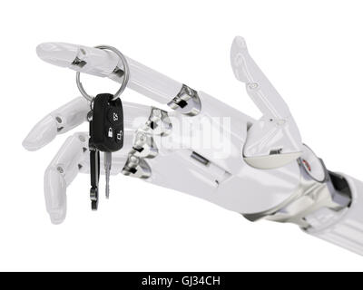 Il braccio robotico con chiave auto 3d illustrazione futuristico veicolo conducente assistere concetto isolato su bianco Foto Stock