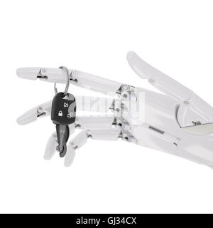 Le chiavi dell'auto in braccio robotico 3d illustrazione futuristico concetto di veicolo autonomo isolato su bianco Foto Stock