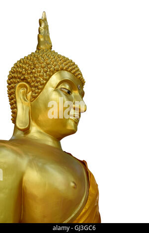 Golden statua del Buddha su sfondo bianco Foto Stock