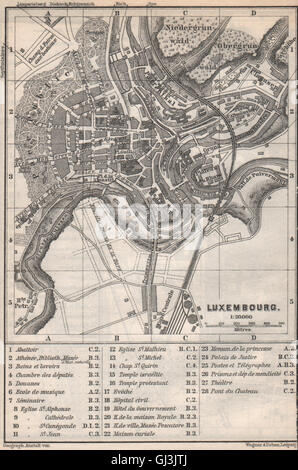 Lussemburgo Il Lussemburgo città antica pianta di città carte. BAEDEKER, 1889 Mappa antichi Foto Stock