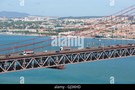 Il Ponte 25 de Abril attraverso il fiume Tago e vista sul centro di Lisbona, Portogallo Foto Stock