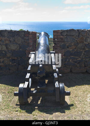 Dh Scarborough TOBAGO CARAIBI Fort George cannon merlature guardando al mare Foto Stock