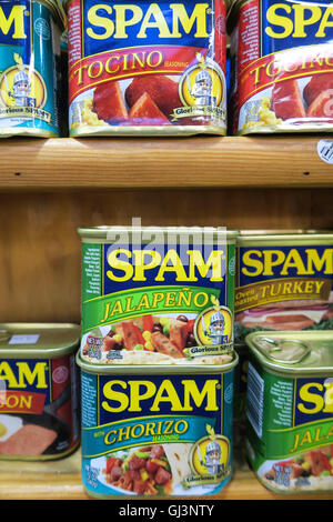 Tins of Spam luncheon Loaf, Canned Meat Aisle, Essex Street Market, New York Foto Stock