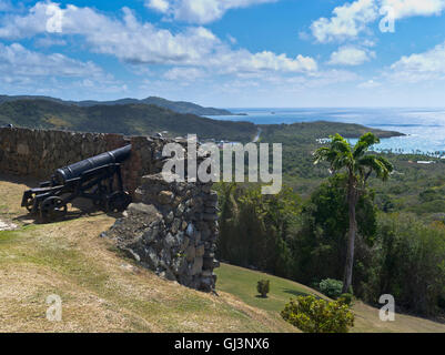 Dh Scarborough TOBAGO CARAIBI Fort Re Giorgio Merli di cannone che guarda alla costa del mare Foto Stock