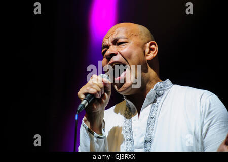 Belfast, Irlanda del Nord. 11 ago 2016 - Roland Lee dono, ex cantante di belle giovani cannibali, suona presso il Feile un Phobail. Foto Stock