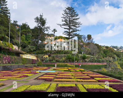 dh Botanical Gardens FUNCHAL MADEIRA turisti guardando siepe pianta mosaico motivi terrazza giardino letti Foto Stock