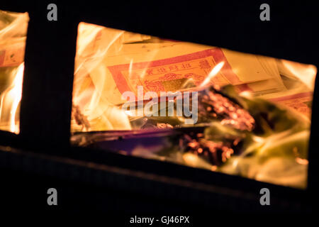 Kuala Lumpur, Malesia. 12 Agosto, 2016. Organi a stanghetta burns pregando la carta alla fame festival fantasma di Kuala Lumpur in Malesia. Credito: Danny Chan/Alamy Live News. Foto Stock