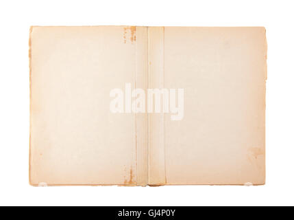 Aprire il vecchio libro bianco isolato su bianco con tracciato di ritaglio Foto Stock