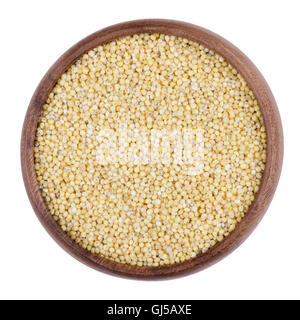 Miglio di colore giallo in una ciotola di legno su sfondo bianco. I piccoli semi sono cresciuti come colture di cereali o grani. Foto Stock