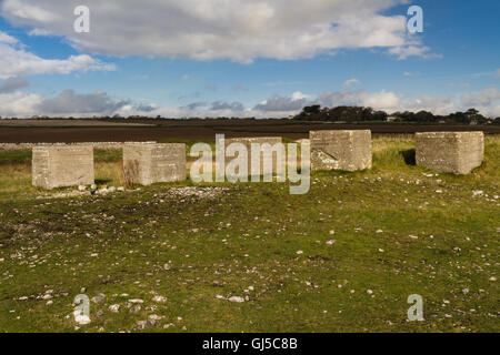 Anti-serbatoio cubetti da II Guerra Mondiale per impedire l'invasione. Spiaggia di Aberthaw, South Wales, Regno Unito, Europa Foto Stock