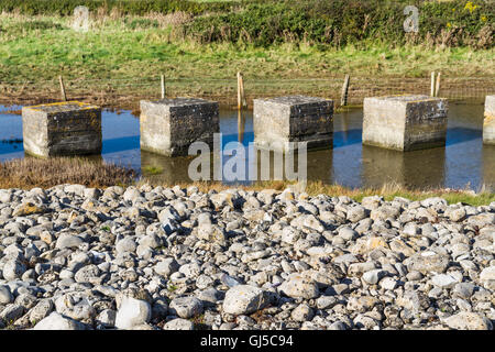 Anti-serbatoio cubetti da II Guerra Mondiale per impedire l'invasione. Spiaggia di Aberthaw, South Wales, Regno Unito, Europa Foto Stock